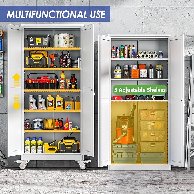 75" Metal Garage Storage Cabinet with Wheels and Locking Doors and Tall Rolling Steel Tool Cabinet with 5 Adjustable Shelves for Garage,Home,Office,Shop (White, 75''H x 32''W x16''D)