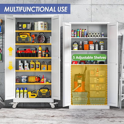 75" Metal Garage Storage Cabinet with Wheels and Locking Doors and Tall Rolling Steel Tool Cabinet with 5 Adjustable Shelves for Garage,Home,Office,Shop (White, 75''H x 32''W x16''D)