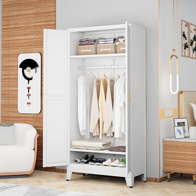Metal Armoire Wardrobe Closet Storage Cabinet with Hanging Rod,71'' Metal Wardrobe Cabinet with 2 Doors and 2 Adjustable Shelves for Bedroom, Laundry Room, Cloak Room