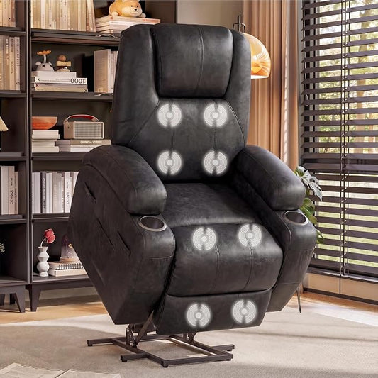 Flamaker Power Lift Recliner Chair Electric Lift Recliner for Elderly Power Lift Recliner Chair with Cup Holders Side Pockets for Living Room (Leathaire, Light Black)