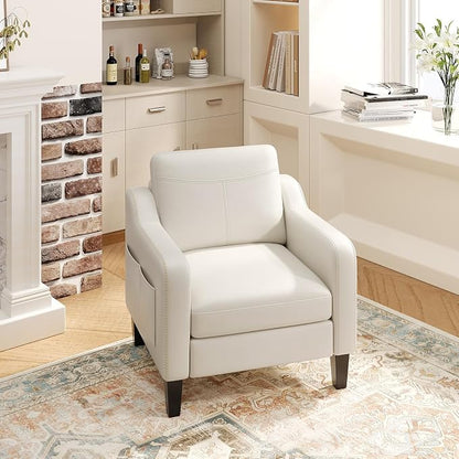 MALOL PU Leather Accent Chair, Mid-Century Modern Living Room Armchair Sofa with Removable Cushions, Solid Wood Frame & Stitched Armrest Design, Bedroom Chair with Plastic Legs, Beige