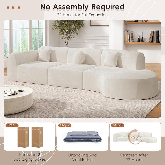 Christopher Knight Home Grelyn Modern Curved Modular Sectional Sofa, Wool Fabric Large Cloud Couch, 6-Seater L-Shaped Couch for Living Room, 3-Piece Lounge Sofa with Chaise, Fully Assembled, Beige