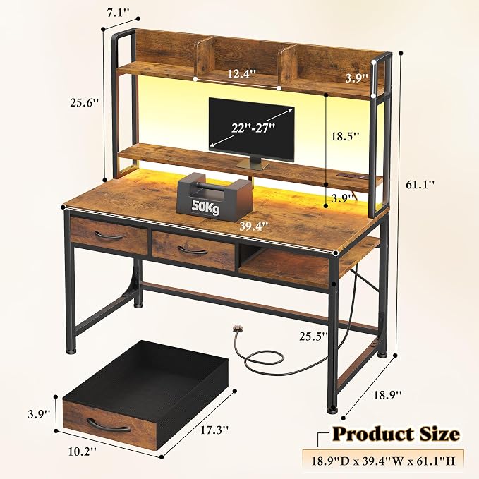DurayLoly 39.4" Office Desk with Shelves & Monitor Stand, Computer Desk with Hutch&Drawers, LED Lights & Power Outlet, for Modern Home Office & Bedroom, Small Space, Rustic Brown