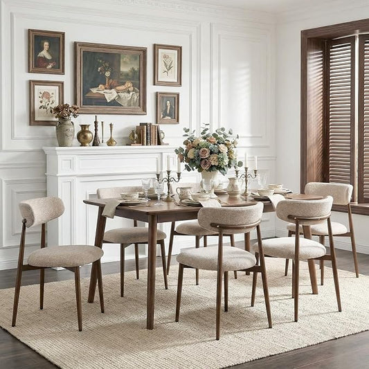 Furniliving Mid Century Modern Dining Chairs Set of 6, 300 lbs Capacity Upholstered Chenille Kitchen Chairs with Walnut Grain Metal Legs and Ergonomic Curved Back, Camel(Walnut/Chenille)