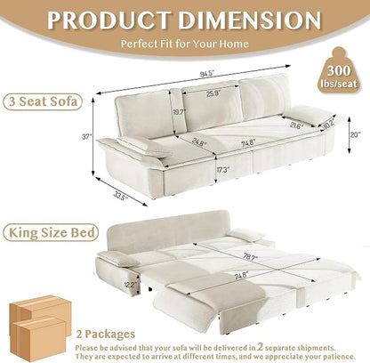 94.5'' Sleeper Sofa Bed King Size, Modern Corduroy Pull Out Couch, 3-in-1 Convertible Futon Sofa, 3 Seater Couches, Cloud Recliner, Pillow Arm, for Living Room, Apartment, Offices, Beige