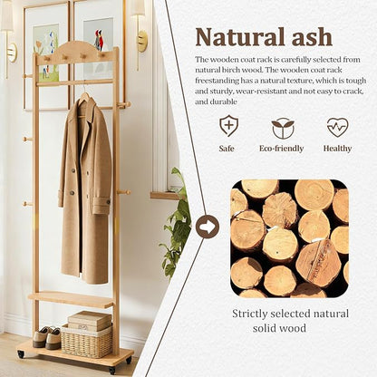 Wood Clothes Rack with Storage, 2 Shelves, 9 Hooks, Garment Rack with wheels, Coat Rack Freestanding, Clothing Rack Heavy Duty Hall Tree for Living Room Hallway,835 Natural