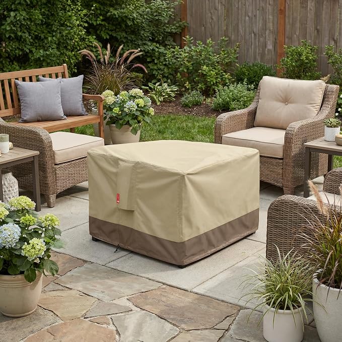 SheeChung Fire Pit Cover Square 28" L x 28" W x 25" H,Waterproof 600D Heavy Duty Outdoor Fire Pit Table Cover, Fits 24-28 Inch Square Fireplace,Gas Fire Pit Cover,Beige
