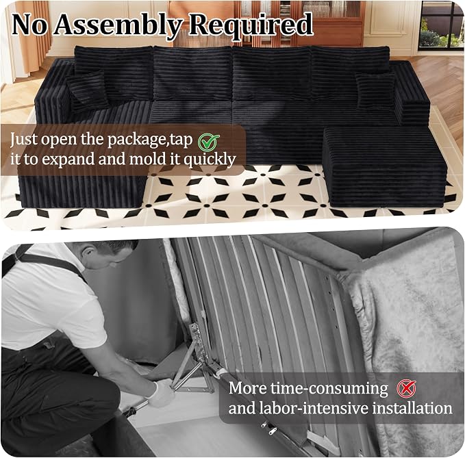 Black Sectional Couch with Ottoman, 92.5" Cloud Modular Couch for Living Room, Modern U-Shaped Sofa, No Assembly Required - Plush Corduroy Fabric & Deep Seat Comfort