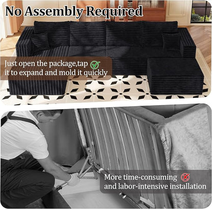 Black Sectional Couch with Ottoman, 92.5" Cloud Modular Couch for Living Room, Modern U-Shaped Sofa, No Assembly Required - Plush Corduroy Fabric & Deep Seat Comfort, No Assembly Needed