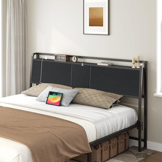MAHANCRIS Headboard Queen Size with 2 Power Strips and Flip Door Storage | Industrial Queen Headboard with Adjustable Bed Frame Adapters, 95° Backrest, Easy Assembly, Sturdy Construction, Black