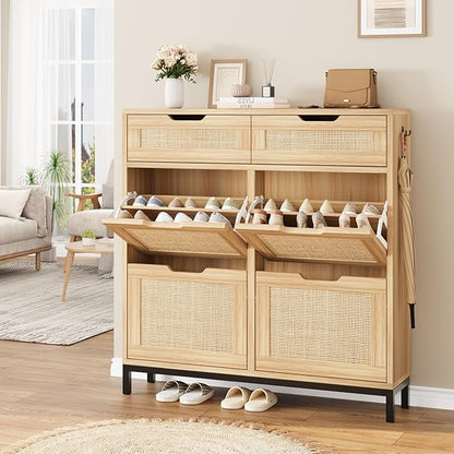 Jocoevol Rattan Shoe Cabinet for Entryway, Boho Shoe Storage Cabinet with 4 Flip Drawers and 2 Drawers, Narrow Freestanding Shoe Rack with Metal Legs for Entryway/Hallway/Foyer (Natural)