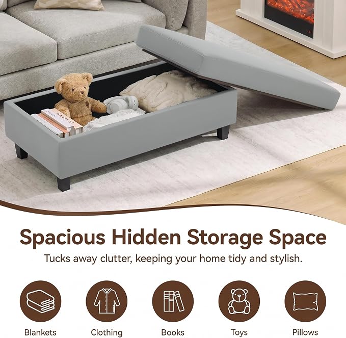 45" Faux Leather Storage Ottoman Bench with Wooden Tray, Light Grey Large Upholstered Foot Stool, Multifunctional Coffee Table Storage Bench with Solid Wood Legs for Living Room Bedroom Entryway