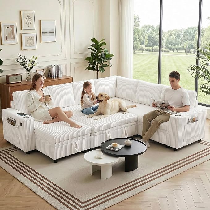 Sectional Sleeper Sofa with Pull Out Bed, 7 Seats U Shaped Sleeper Sofa with Storage Chaise, USB Ports, Cup Holders, Plush Corduroy Sectional Couch for Living Room, Beige