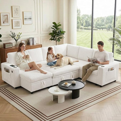 Sectional Sleeper Sofa with Pull Out Bed, 7 Seats U Shaped Sleeper Sofa with Storage Chaise, USB Ports, Cup Holders, Plush Corduroy Sectional Couch for Living Room, Beige