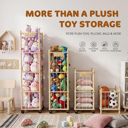 DIY Stuffed Animal Storage Kit, Adjustable 1–4 Tier Stuffed Animal Organizer with Wheels, Large Plushies Storage for Playroom, Bedroom & Nursery, Designed for Growing Toy Collections