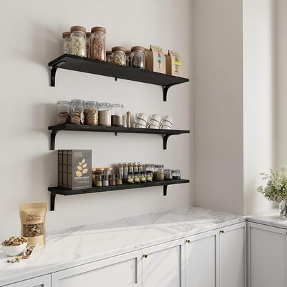 Deep Floating Shelves, 12 Inch Extra Wide Solid Wood Wall Shelves, Heavy Duty Wall Mounted Bookshelf for Living Room, Kitchen and Bedroom, Set of 3 (36 Inch, Black)