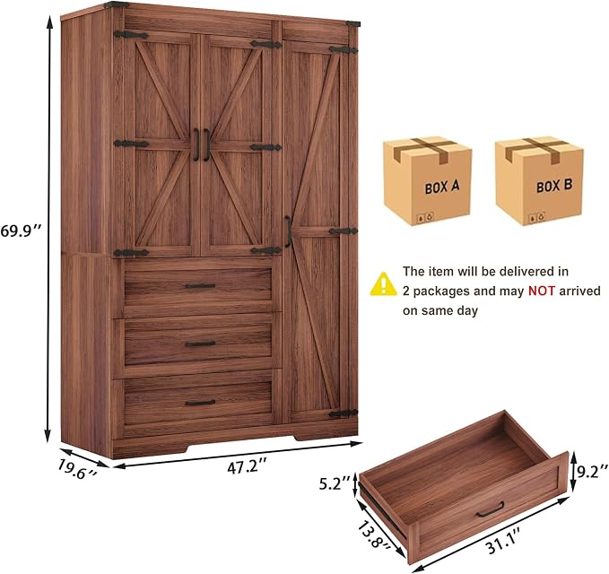 70" Tall Wardrobe Closet with 3 Doors & 3 Drawers, Farmhouse Armoire with Hanging Rod, Wooden Armoire Wardrobe Closet for Bedroom, Freestanding Clothing Storage Cabinet, Brown