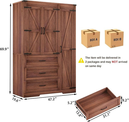 70" Tall Wardrobe Closet with 3 Doors & 3 Drawers, Farmhouse Armoire with Hanging Rod, Wooden Armoire Wardrobe Closet for Bedroom, Freestanding Clothing Storage Cabinet, Brown