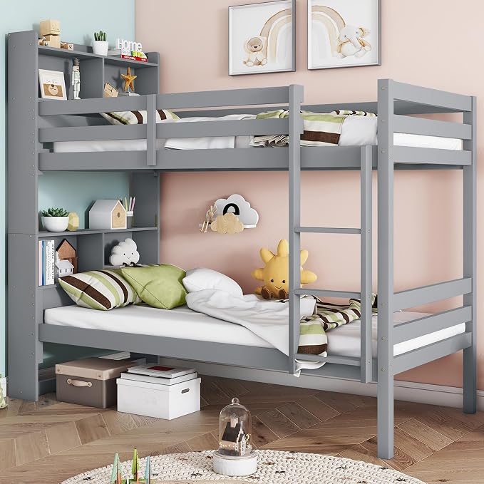 Twin Over Twin Bunk Bed with Storage Bookcase Headboard for Kids Boys Girls Teens, Rubber Wood Bunk Beds Frame with Storage Shelves, Can Be Separated into 2 Platform Beds, Gray