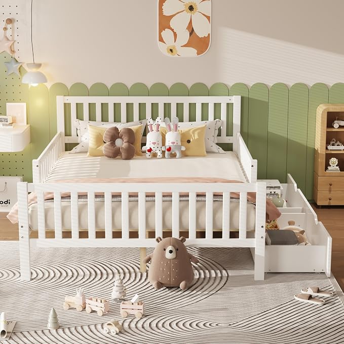 Bellemave Full Size Kids Platform Bed with Fences and 2 Drawers, Wooden Full Bed Frame with Guardrails on Both Sides for Boys Girls, White