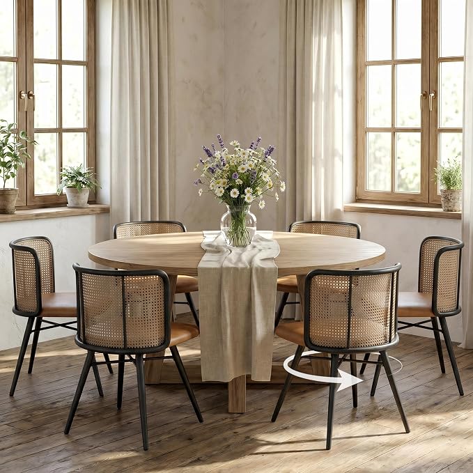 TYBOATLE Swivel Rattan Dining Chairs Set of 6 (Brown) | Farmhouse, Boho, Rattan Woven Back, Faux Leather Seat, Metal Legs, Upholstered, Kitchen, Dining Room