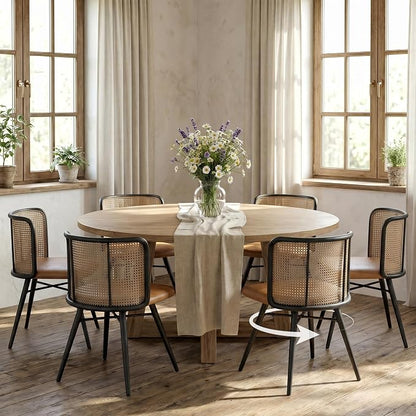TYBOATLE Swivel Rattan Dining Chairs Set of 6 (Brown) | Farmhouse, Boho, Rattan Woven Back, Faux Leather Seat, Metal Legs, Upholstered, Kitchen, Dining Room