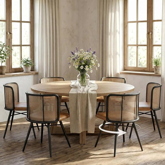 TYBOATLE Swivel Rattan Dining Chairs Set of 6 (Brown) | Farmhouse, Boho, Rattan Woven Back, Faux Leather Seat, Metal Legs, Upholstered, Kitchen, Dining Room