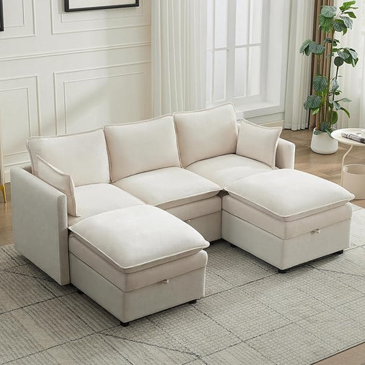 80" Cloud Modular 3 Seater Sofa with 2 Storage Ottoman, Modern Upholstered Storage Sofa Couch Deep Seat, U Shape Sectional Sofa Chenille Comfy Couch with Armrests for Living Room, Small Space, Beige