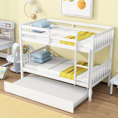Harper & Bright Designs Convertible Wood Twin-Over-Twin Bunk Bed with Trundle and Ladder - Can Be Divided Into Two Platform Beds (White)