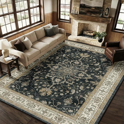 RELEANY Area Rugs Large 10'x12' Washable Non-Slip, Floral Vintage Distress Medallion Carpet for Living Room Bedroom Dining Room, Vintage Black Brown Neutral