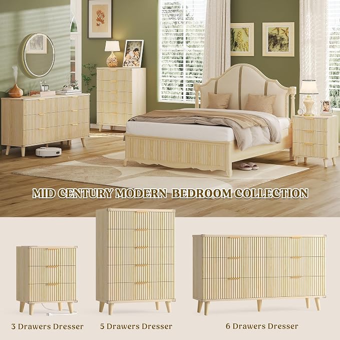 Lulive Wood 3 Drawers Dresser Fluted Night Stand with Charging Station, Storage Nightstand Modern Side Table, Bedside Table for Bedroom, Entryway Natural