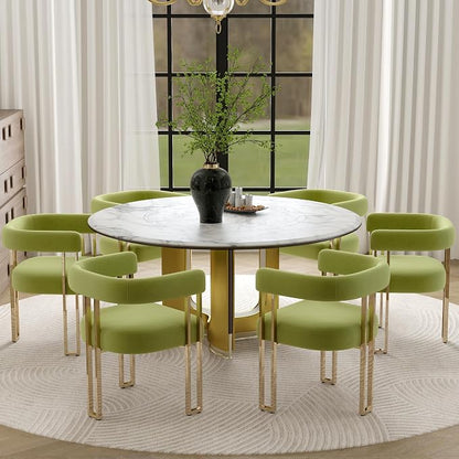 Hyfirm Green and Gold Modern Dining Chairs Set of 6, Velvet Upholstered Barrel Armchairs with Metal Legs for Kitchen Island, Mid Century Accent Chairs for Dining Room Living Room, Open-Back