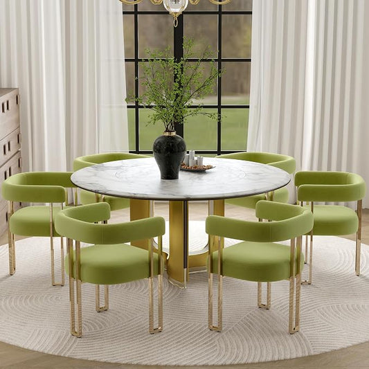 Hyfirm Green and Gold Modern Dining Chairs Set of 6, Velvet Upholstered Barrel Armchairs with Metal Legs for Kitchen Island, Mid Century Accent Chairs for Dining Room Living Room, Open-Back