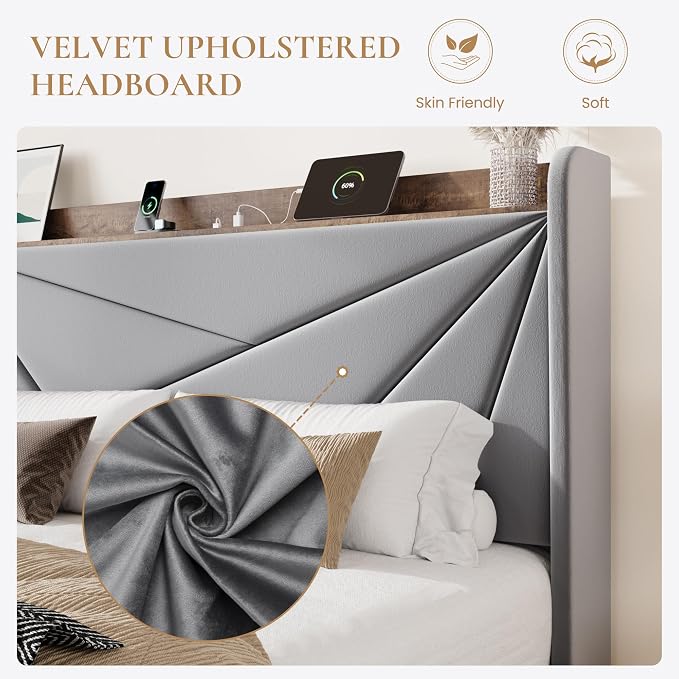 SHA CERLIN Queen Bed Frame with 3 Drawers, USB & Type-C Charging Ports, Velvet Upholstered Platform Bed with Modern Geometric Wingback Storage Headboard, No Box Spring Needed, Easy Assembly, Grey