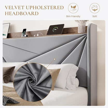 SHA CERLIN King Size Bed Frame with 3 Drawers, USB & Type-C Charging Ports, Velvet Upholstered Platform Bed with Modern Geometric Wingback Storage Headboard, No Box Spring Needed, Easy Assembly, Grey