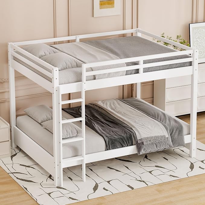 Merax Queen Size Bunk Bed - Solid Pine & MDF Frame, Heavy Duty 600lb Capacity, Space Saving Design with Safety Guard Rails & Ladder, No Box Spring Needed,White