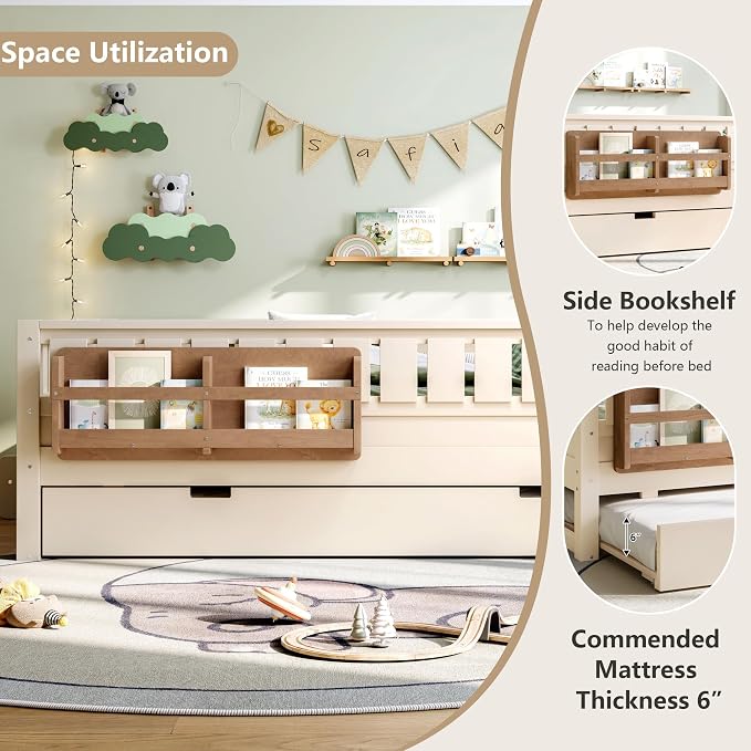 Bellemave Full Kids Montessori Bed with Stairs, Bookshelf and Trundle, Solid Wood Kids Bed Frame with Storage for Boys Girls, Low Profile,Beige