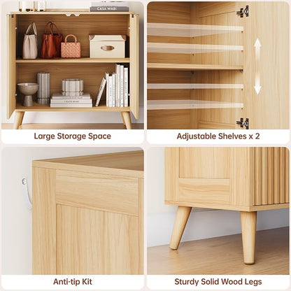 Set of 2 Fluted Sideboard Buffet Cabinet, 63" Mid Century Modern Storage Cabinet with Adjustable Shelves & 4 Doors, Accent Cabinet for Dining Room & Living Room, Natural
