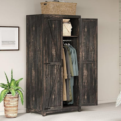 LUXOAK 70" Large Armoire Wardrobe Closet with Hanging Rod, Farmhouse Clothing Storage Cabinet with 2 Barn Doors, Wooden Tall Bedroom Armoires with Shelf, Dark Oak Wood