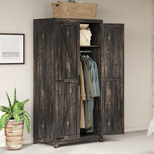LUXOAK 70" Large Armoire Wardrobe Closet with Hanging Rod, Farmhouse Clothing Storage Cabinet with 2 Barn Doors, Wooden Tall Bedroom Armoires with Shelf, Dark Oak Wood