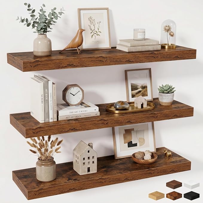 Fun Memories Floating Shelves for Wall 36 Inches, Wood Shelves with Invisible Bracket, 10" Deep Shelves Wall Mounted, Large Floating Shelves for Living Room Bathroom, Rustic Brown, Set of 3