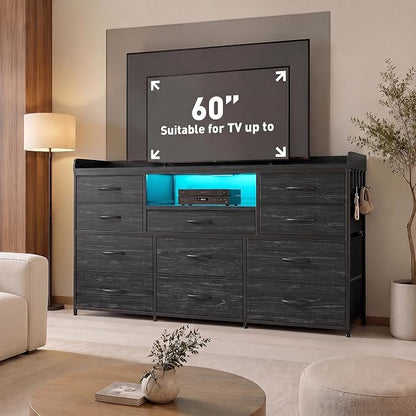 Bepatio LED Dresser for Bedroom with 11 Drawers,Power Strip,4 Hooks,Black | Stylish Dressers & Chests of Drawers with 2 Wood Storage Shelves, TV Stand for 50/55/60 Inch TVs, Sturdy Metal Frame