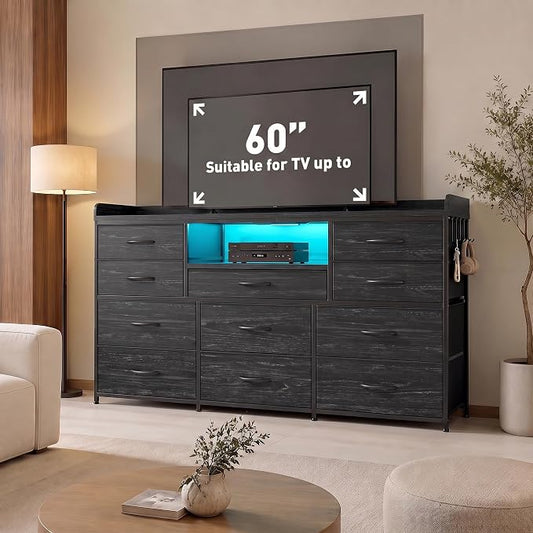 Bepatio LED Dresser for Bedroom with 11 Drawers,Power Strip,4 Hooks,Black | Stylish Dressers & Chests of Drawers with 2 Wood Storage Shelves, TV Stand for 50/55/60 Inch TVs, Sturdy Metal Frame