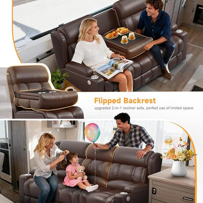 Dresegmt Loveseat Recliner Sofa, Flip Middle Backrest Design PU Leather 3 Seat Reclining Sofa with Storage Drawer, Manual Couch for Living Room (Brown)