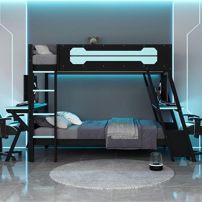 Merax Wooden Twin Over Twin Bunk Bed with 2 Side Desks, USB Desktop Ports and Pegboard Organizer, Gaming Bunk Bed for Gamer, Kids or Teens, No Box Spring Needed, Cloud Blue