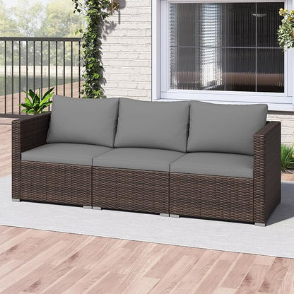 Tangkula 3 Seat Outdoor Wicker Sofa Set, Modular PE Rattan Patio Cushioned Sectional Couch Set, Outside Furniture Set for Deck, Backyard, Porch, Garden & Poolside (Brown-Grey)