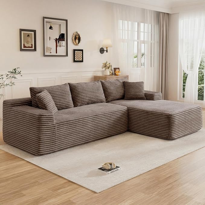95" L Shaped Cloud Boneless Sectional Couches for Living Room, Modern Comfy Modular Deep Seat Memory Foam Compressed Corduroy Sofa Oversized Right Facing Chaise, No Assembly Required, Brown