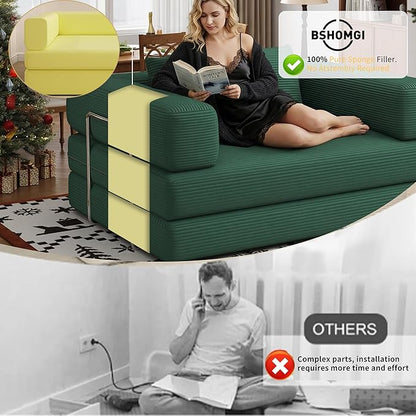 4 in 1 Convertible Sofas Boneless Couches with 2 Pillow, Modern Corduroy Futon Bed, Modular Queen Sofa with Pull-Out Bed, LoveSeat for Living Room, Small Space Apartment (Green, 53.15"Double Sofa)