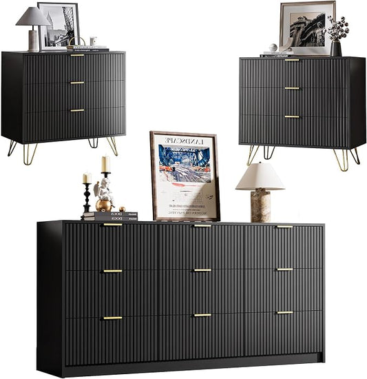 MAISONARIA 3-Piece Dresser Bedroom Set, 9 Drawer Dresser & 3 Drawer Dresser with Gold Handles, Fluted Wood Chest of Drawers for Bedroom, Living Room, Entryway, Black