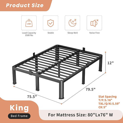 VIPSHOW 12 Inch King Heavy Duty 3500 lbs Bed Frame with Round-Corner Legs & Anti-Squeak Design – Quick Assembly Metal Platform, No Box Spring Needed